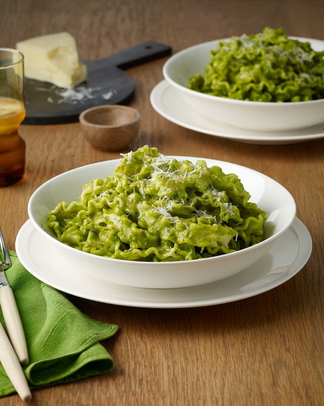 Mafaldine with peas, parsley and pecorino