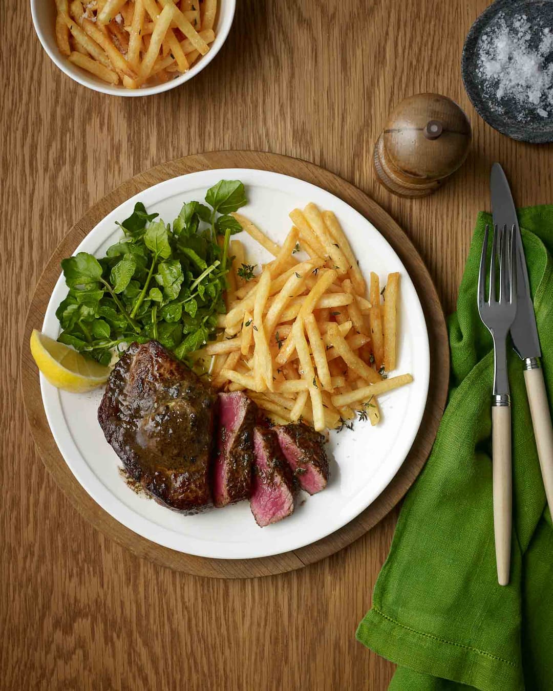 Steak frites with black garlic butter