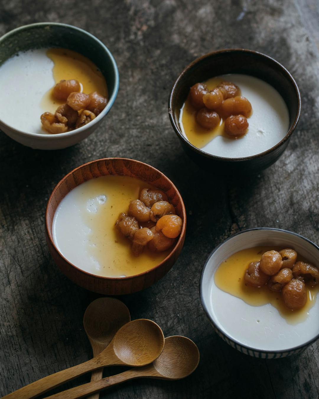 Apricot kernel pudding (Almond pudding) with stewed longans